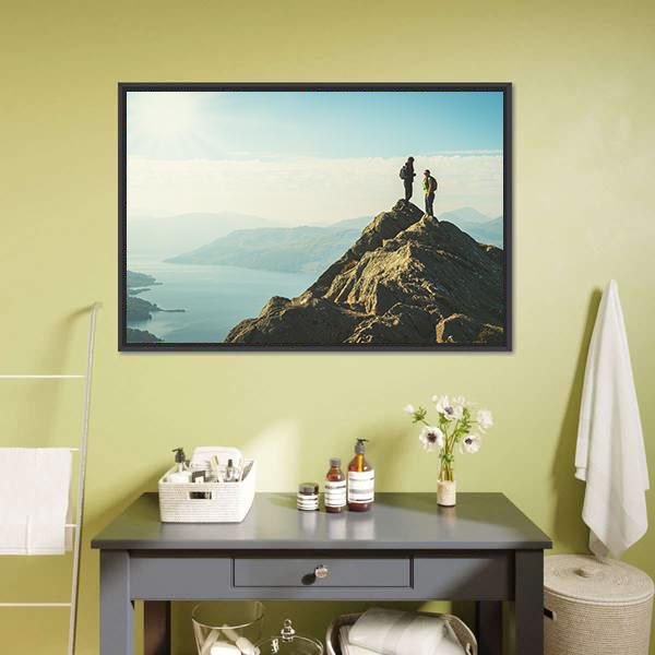 Hikers On Top Of The Mountain Panoramic Canvas Wall Art-1 Piece-36" x 12"-Tiaracle