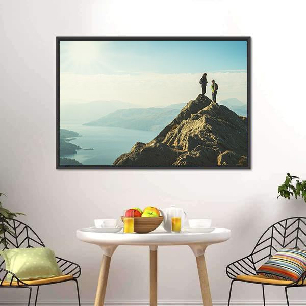 Hikers On Top Of The Mountain Panoramic Canvas Wall Art-1 Piece-36" x 12"-Tiaracle