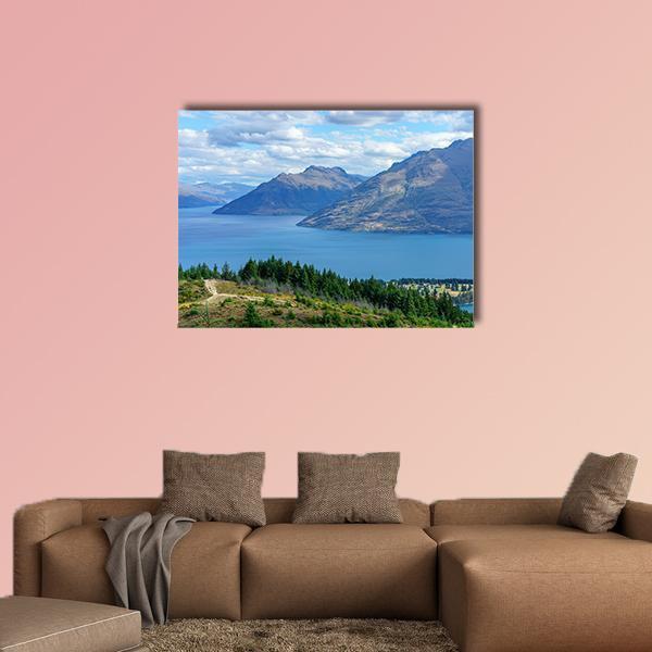 Queenstown Hill Walkway Canvas Wall Art in gray, green and blue, single panel hung on a wall