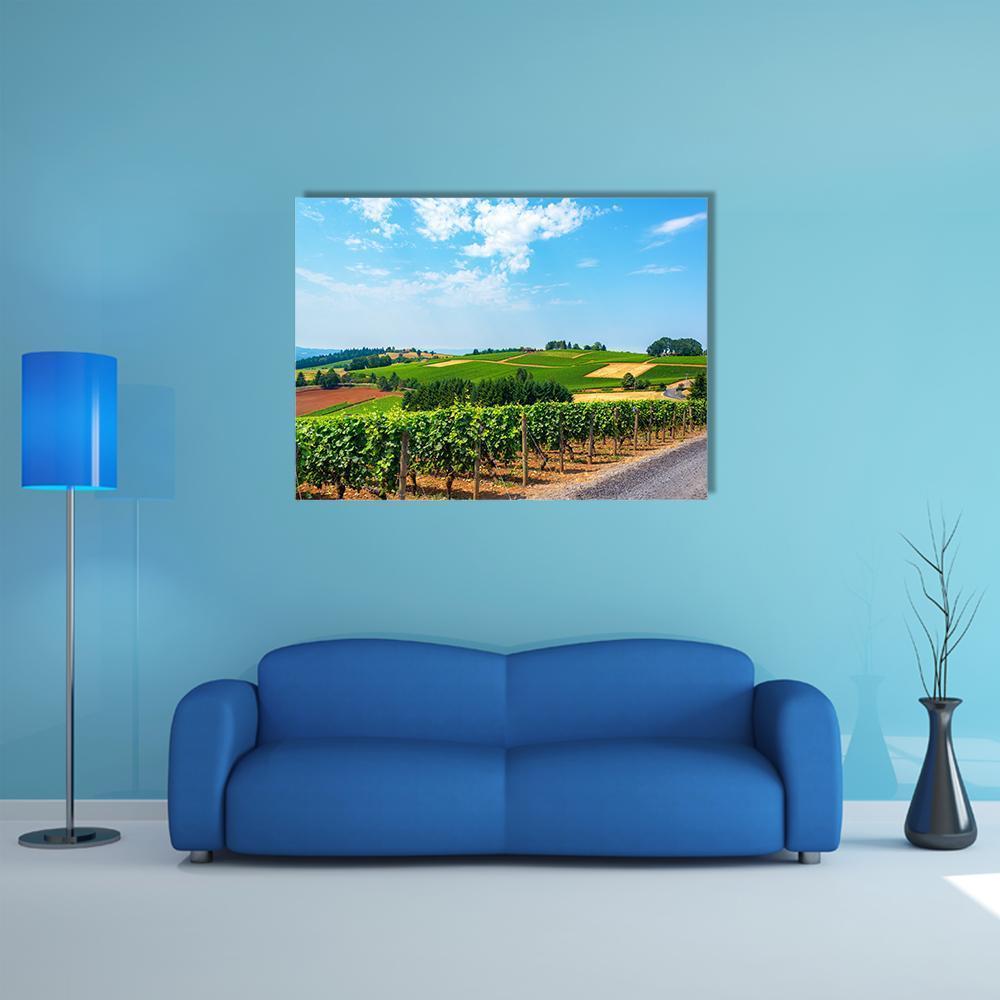 Rolling Vineyard Hills Canvas Wall Art in green and blue, single panel hung on a wall