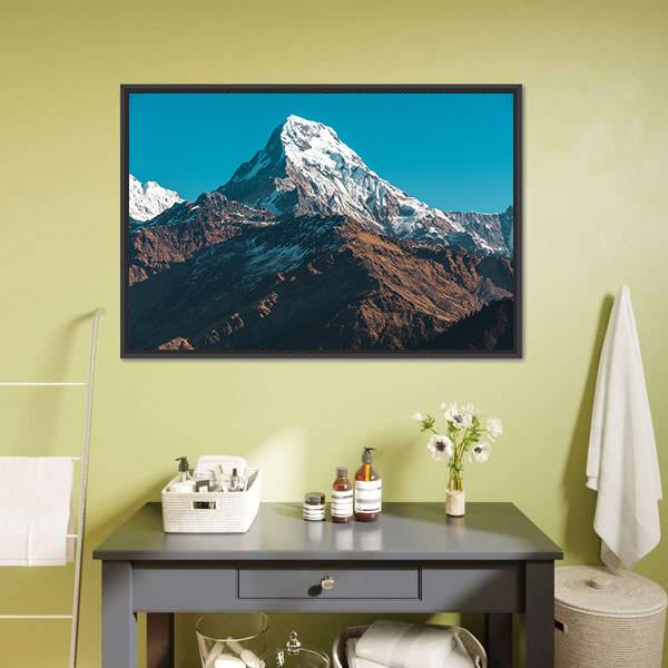 Himalaya Mountains Nepal Canvas Wall Art in white, brown and blue, framed canvas, product view on a white background