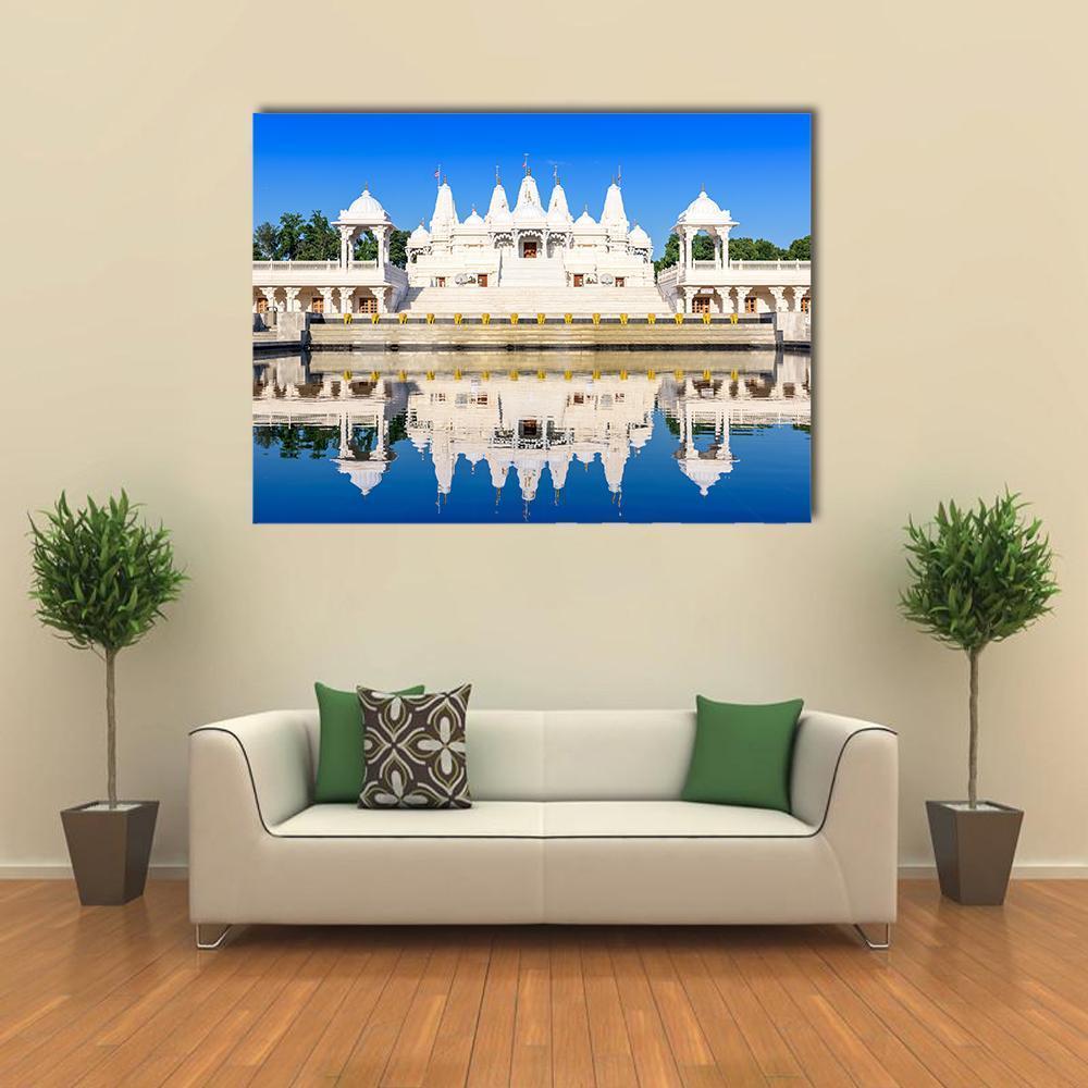 Hindu Temple Reflection in Atlanta Canvas Wall Art in white and blue, single panel hung on a wall
