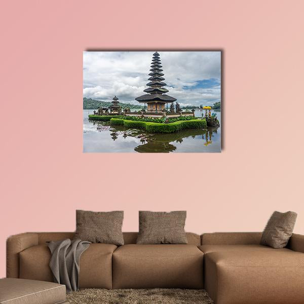 Pura Ulun Danu Beratan Temple Canvas Wall Art in gray, green and blue, single panel hung on a wall