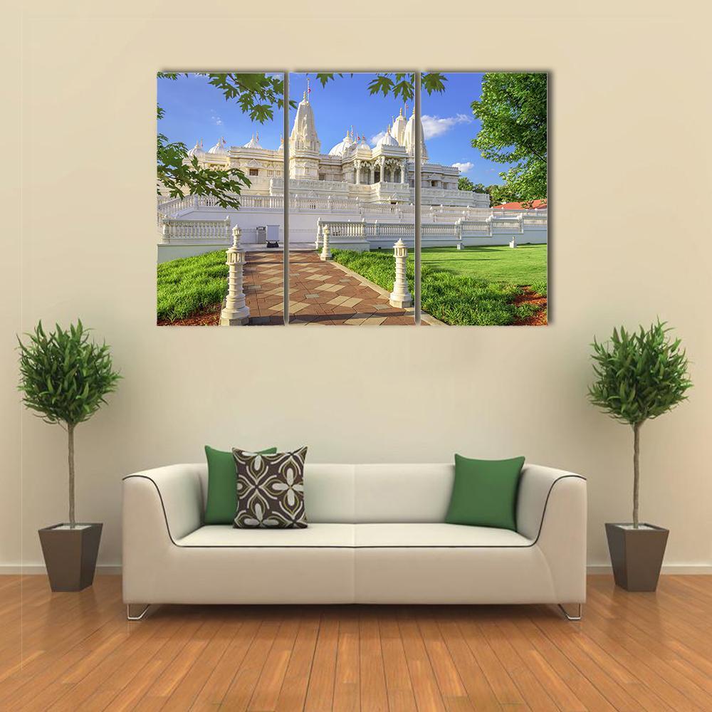 Hindu Temple in Atlanta with Sky Canvas Wall Art in white, green and blue, 3 panel horizontal set hung on a wall