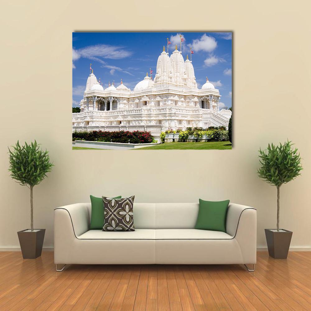Serene Hindu Temple in Atlanta Canvas Wall Art in white and blue, single panel hung on a wall