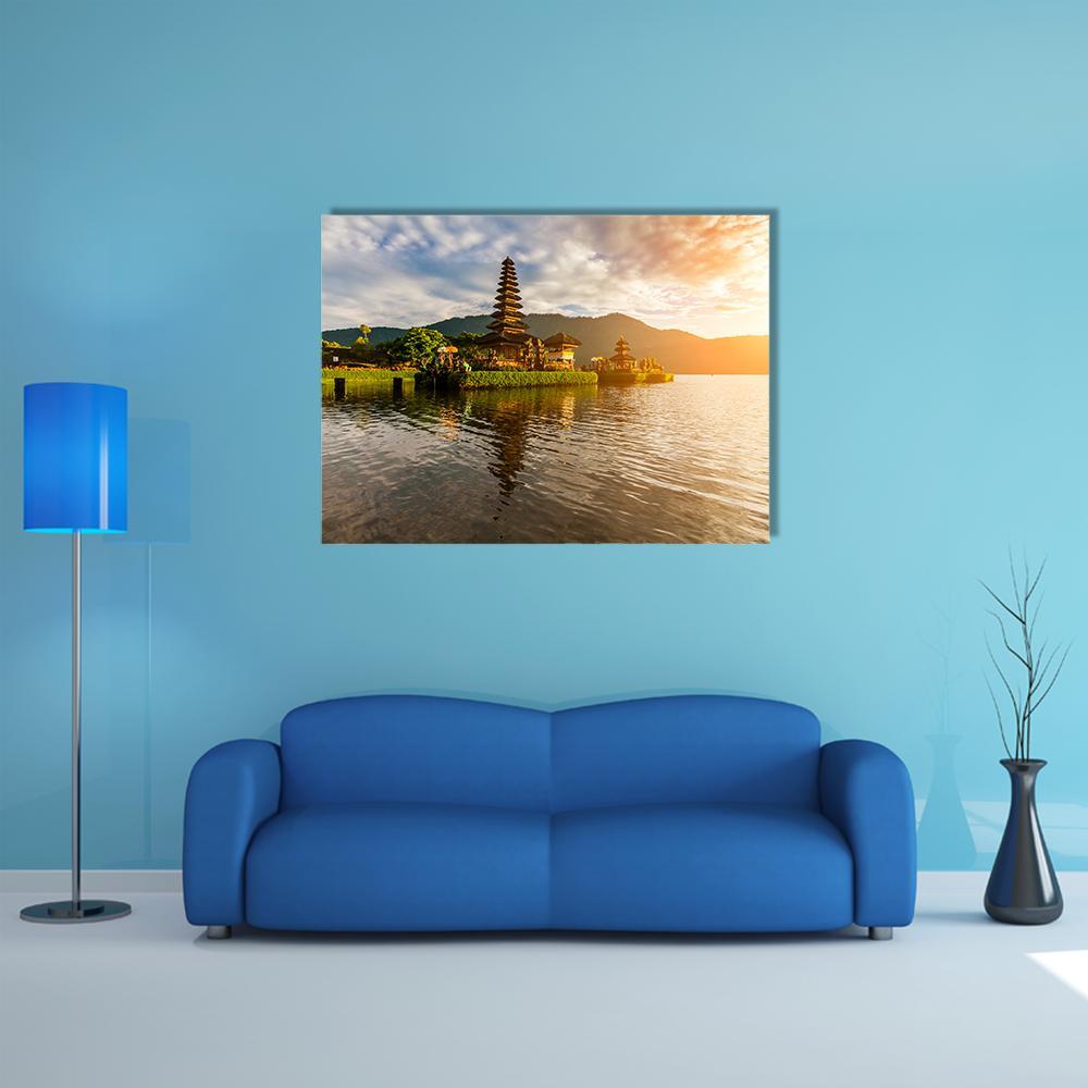Pura Ulun Danu Bratan on Bratan Lake Canvas Wall Art in orange, yellow and blue, single panel hung on a wall