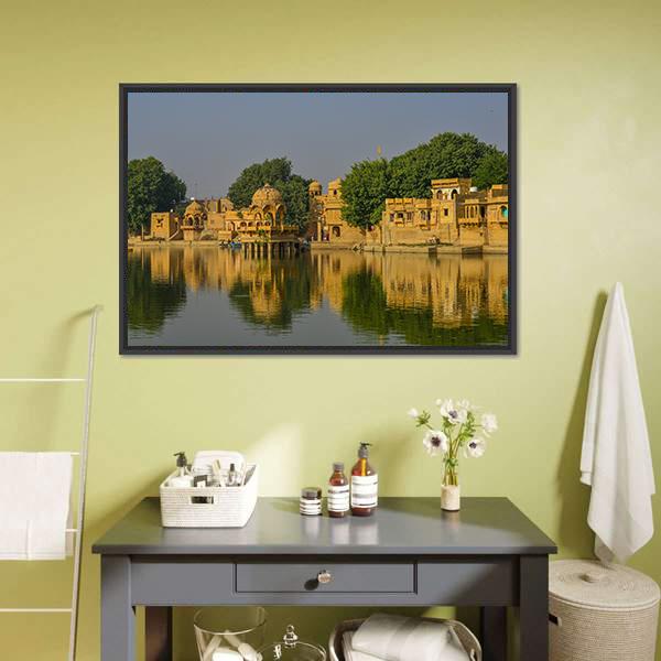 Hindu Temples In Jaisalmer Canvas Wall Art-1 Piece-Floating Frame-24" x 16"-Tiaracle