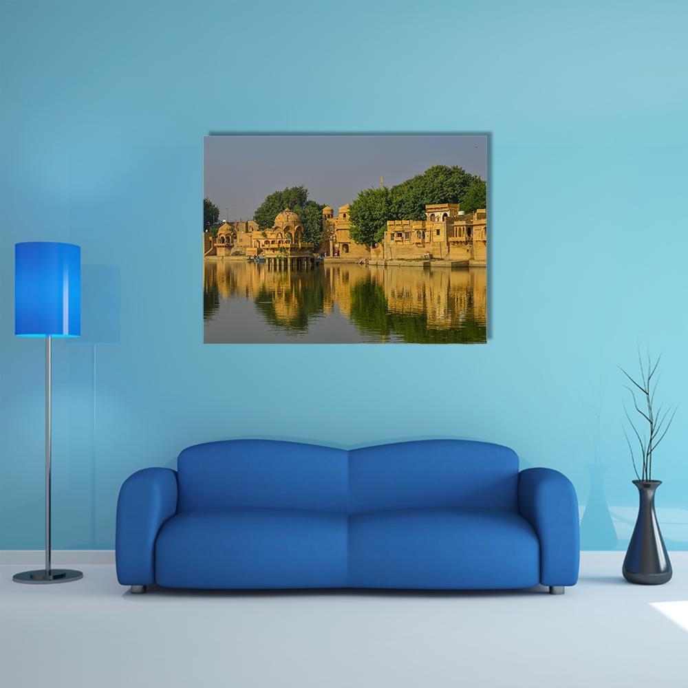 Hindu Temples in Jaisalmer Canvas Wall Art in gold, yellow and green, single panel hung on a wall