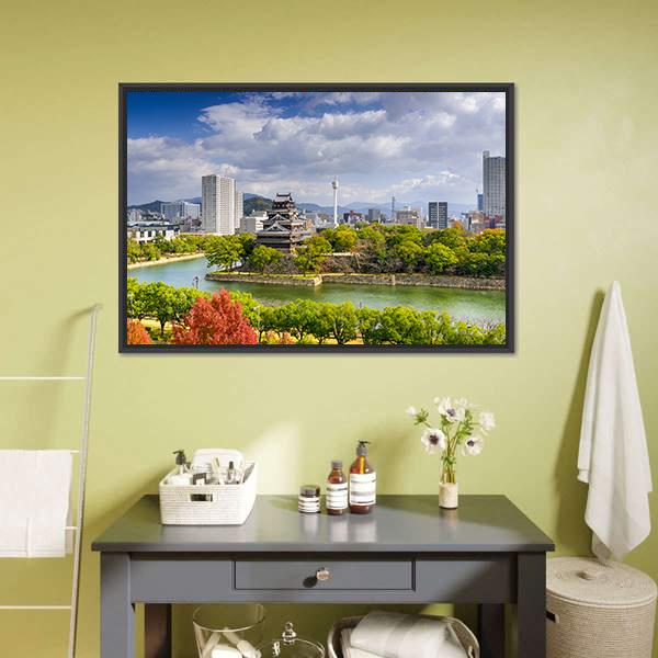 Hiroshima City Skyline At The Castle Canvas Wall Art-1 Piece-Floating Frame-24" x 16"-Tiaracle