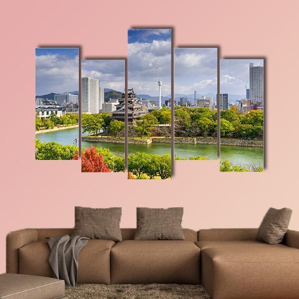 Hiroshima City Skyline At The Castle Canvas Wall Art-5 Pop-Gallery Wrap-47" x 32"-Tiaracle