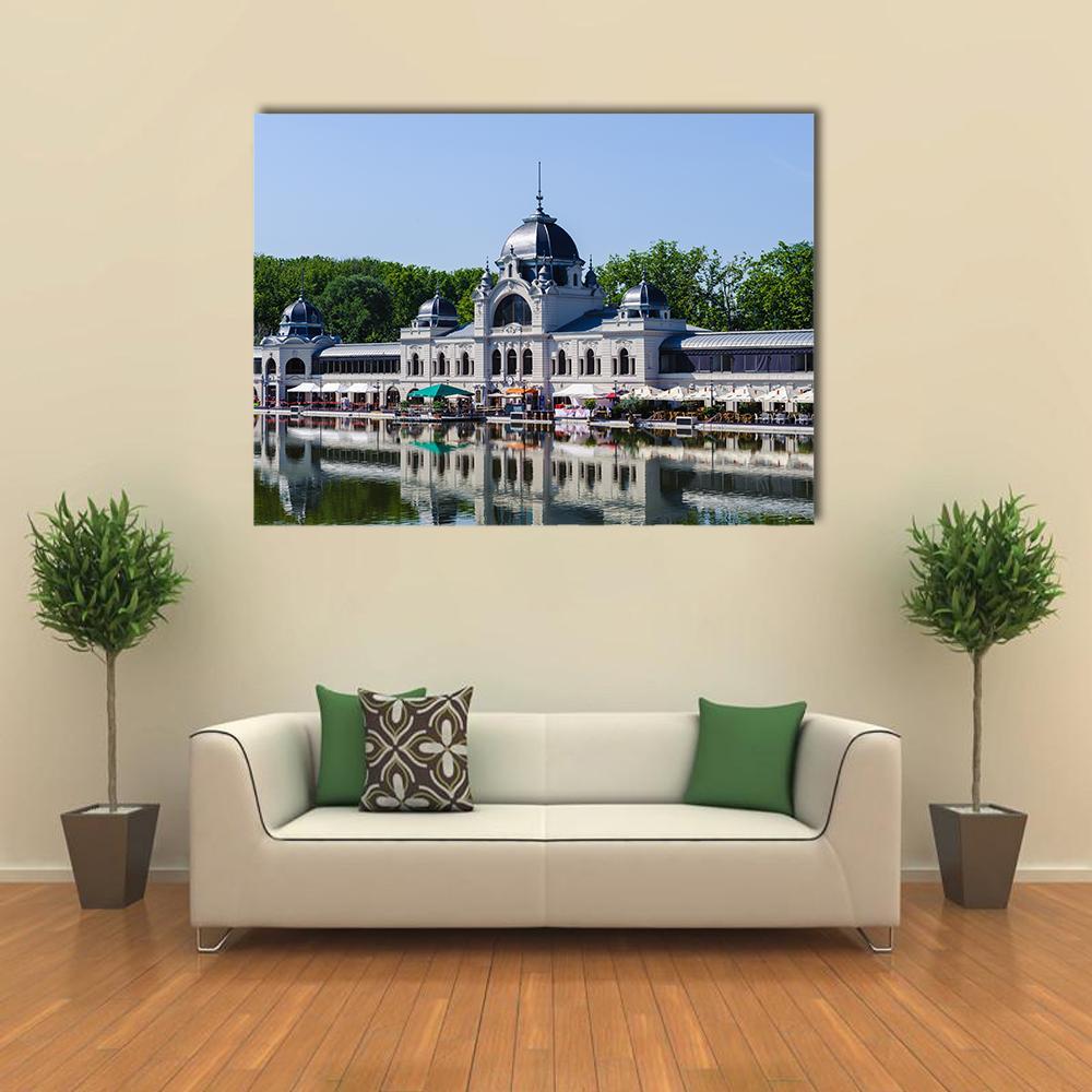 Historic Waterfront Building in Budapest Canvas Wall Art in gray, green and blue, single panel hung on a wall