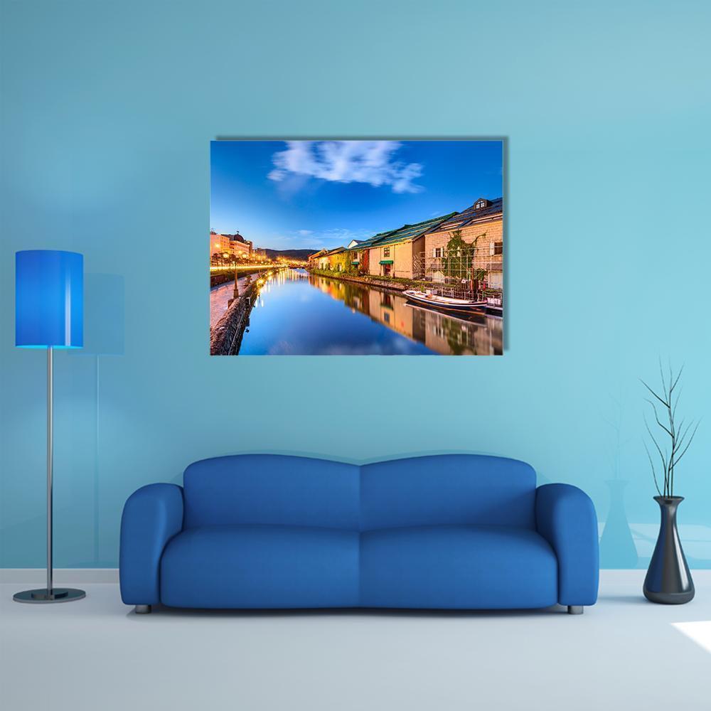 Historic Otaru Canal at Twilight Canvas Wall Art in brown, orange and blue, single panel hung on a wall