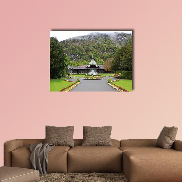 Casino Kursaal in Interlaken Canvas Wall Art in gray, brown and green, single panel hung on a wall
