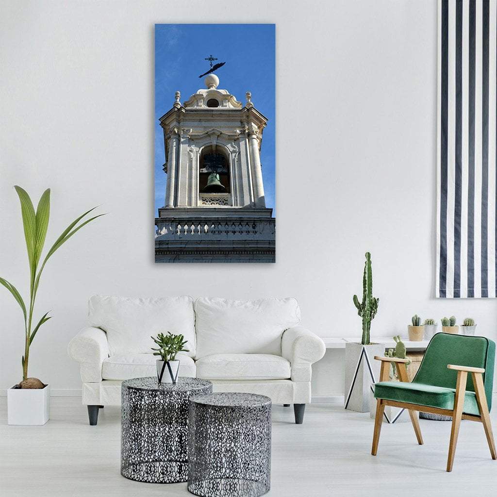 Lisbon Bell Tower at Historic Center Vertical Canvas Wall Art in gray, beige and blue, single vertical panel hung on a wall