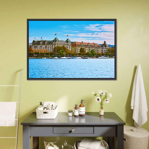 Historic Center Of Zurich Canvas Wall Art-1 Piece-Floating Frame-24" x 16"-Tiaracle