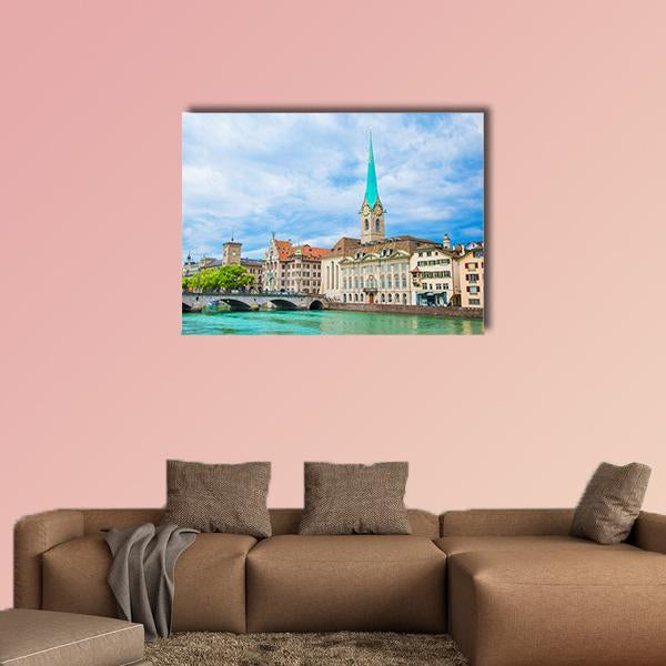 Historic Zurich City Center Canvas Wall Art in beige, green and blue, single panel hung on a wall