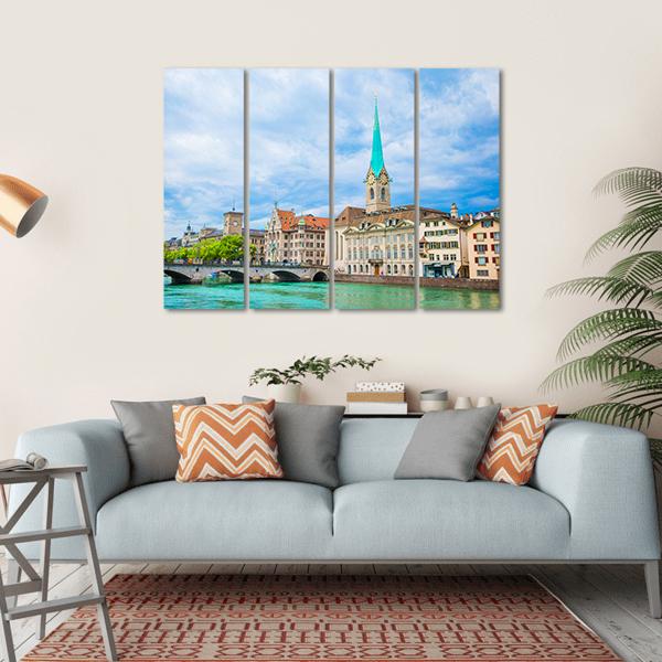 Historic City Center Of Zurich Canvas Wall Art-4 Horizontal-Gallery Wrap-34" x 24"-Tiaracle