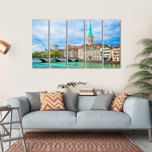 Historic City Center Of Zurich Canvas Wall Art-5 Horizontal-Gallery Wrap-22" x 12"-Tiaracle