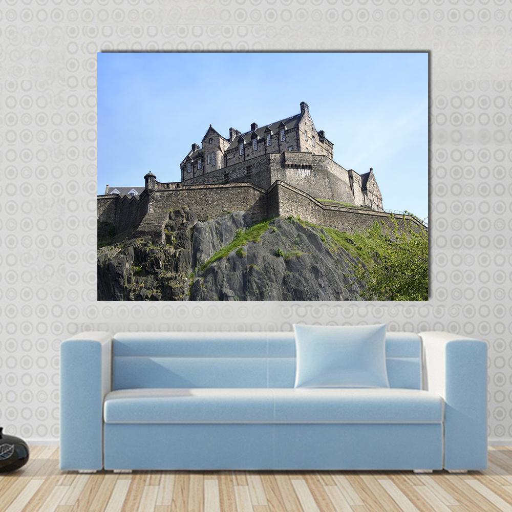 Historic Edinburgh Castle Canvas Wall Art in gray, green and blue, single panel hung on a wall
