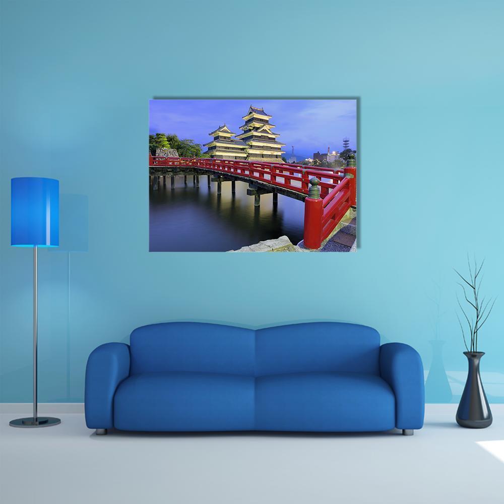 Historic Matsumoto Castle at Dusk Canvas Wall Art in black, red and blue, single panel hung on a wall