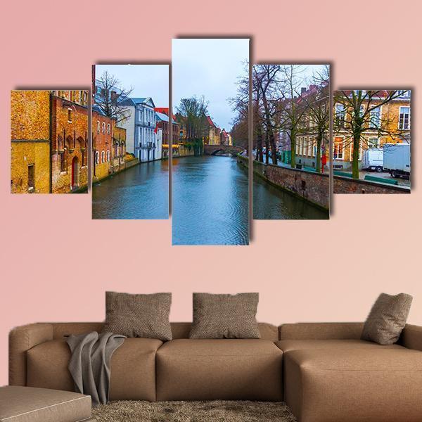 Medieval Buildings Along Canal Canvas Wall Art-5 Star-Gallery Wrap-62" x 32"-Tiaracle