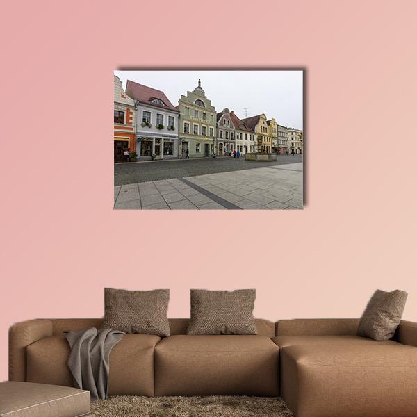 Historic Alt Market Town Square with Fountain Canvas Wall Art in white, gray and beige, single panel hung on a wall