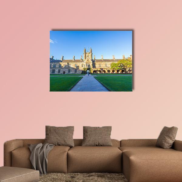 Quadrant Building in Sydney Canvas Wall Art in brown, green and blue, single panel hung on a wall