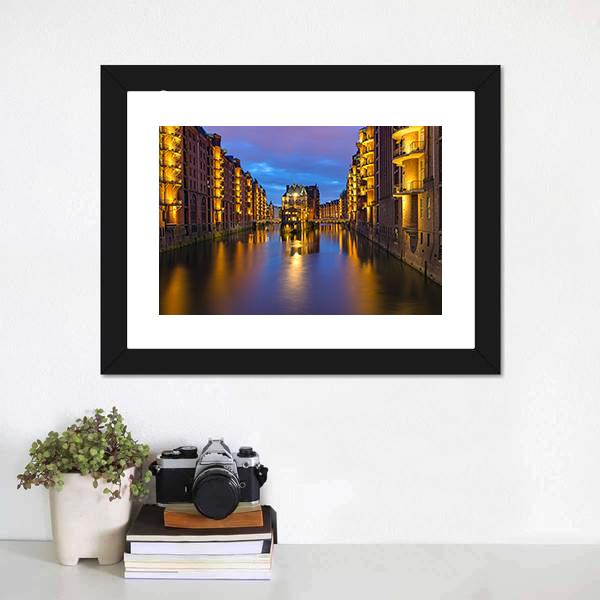 Historic Speicherstadt In Hamburg Canvas Wall Art-1 Piece-Framed Print-20" x 16"-Tiaracle