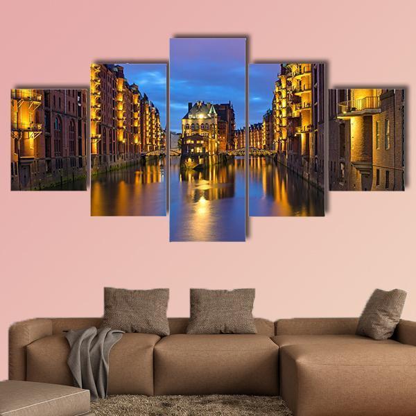 Historic Speicherstadt In Hamburg Canvas Wall Art-5 Star-Gallery Wrap-62" x 32"-Tiaracle