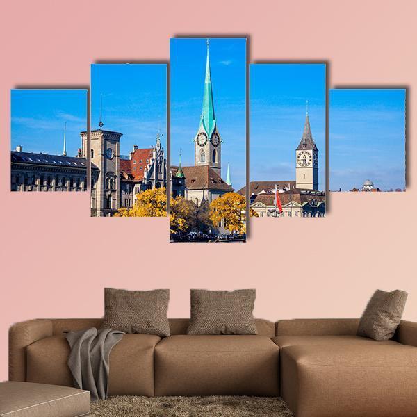 Zurich City Center Canvas Wall Art-5 Star-Gallery Wrap-62" x 32"-Tiaracle