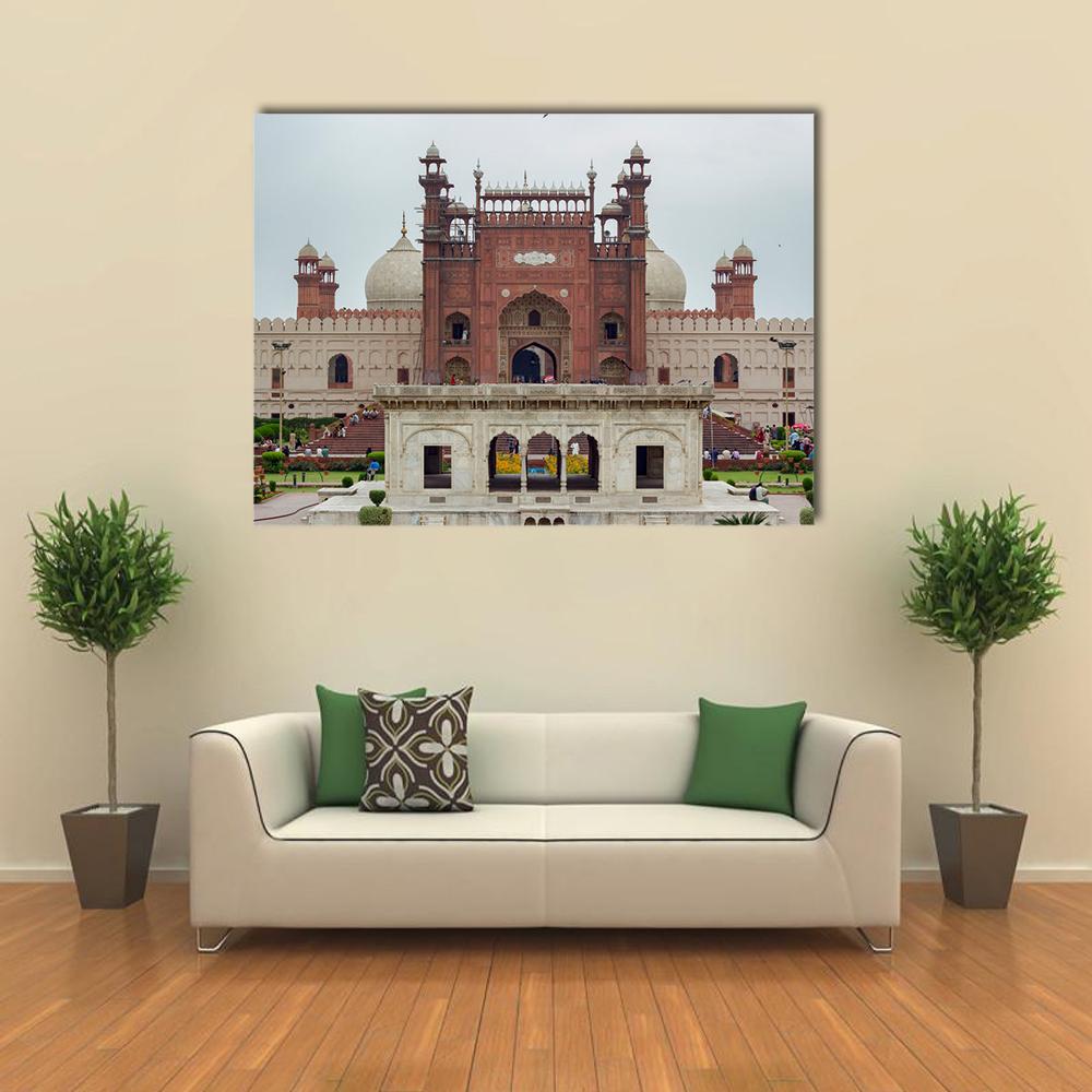 Badshahi Mosque Mughal Architecture Canvas Wall Art in white, gray and red, single panel hung on a wall