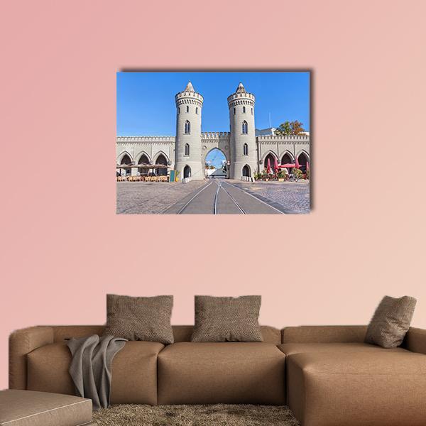 City Gate in Potsdam Canvas Wall Art in gray and blue, single panel hung on a wall