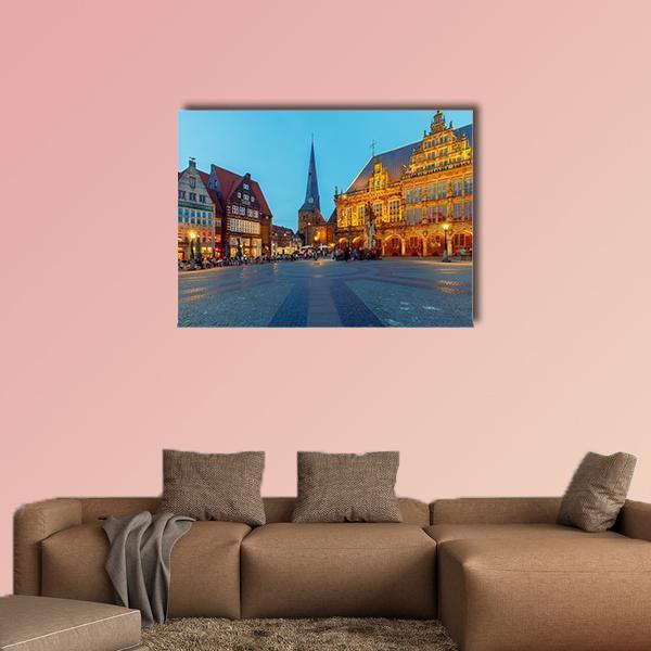 Bremen Central Market Square at Twilight Canvas Wall Art in brown, orange and blue, single panel hung on a wall