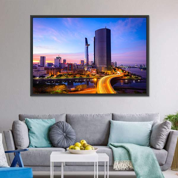 Ho Chi Minh City At Night Canvas Wall Art-3 Horizontal-Gallery Wrap-25" x 16"-Tiaracle