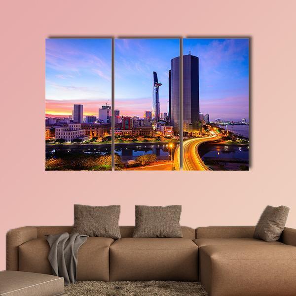 Ho Chi Minh City At Night Canvas Wall Art-3 Horizontal-Gallery Wrap-25" x 16"-Tiaracle