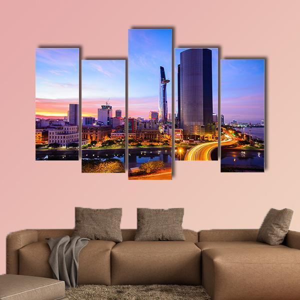 Ho Chi Minh City At Night Canvas Wall Art-5 Pop-Gallery Wrap-47" x 32"-Tiaracle