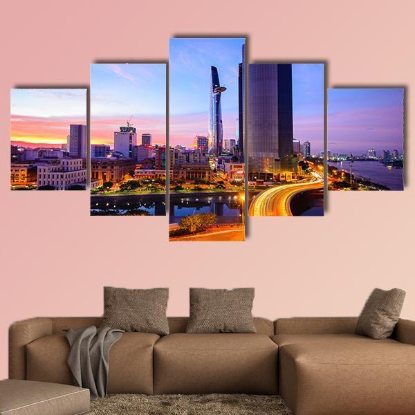 Ho Chi Minh City At Night Canvas Wall Art-5 Star-Gallery Wrap-62" x 32"-Tiaracle