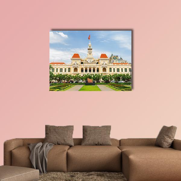 Ho Chi Minh City Hall, Vietnam Canvas Wall Art in beige, yellow and blue, single panel hung on a wall
