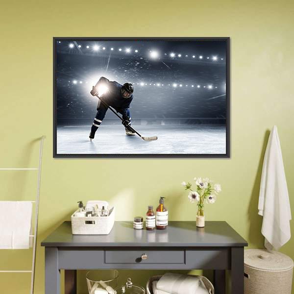 Hockey Player At Ice Rink Canvas Wall Art-1 Piece-Floating Frame-24" x 16"-Tiaracle