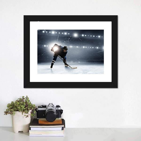 Hockey Player At Ice Rink Canvas Wall Art-1 Piece-Framed Print-20" x 16"-Tiaracle