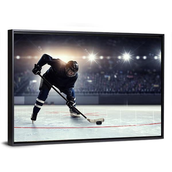 Hockey Player in Blue Uniform On Ice Rink Canvas Wall Art-3 Horizontal-Gallery Wrap-25" x 16"-Tiaracle