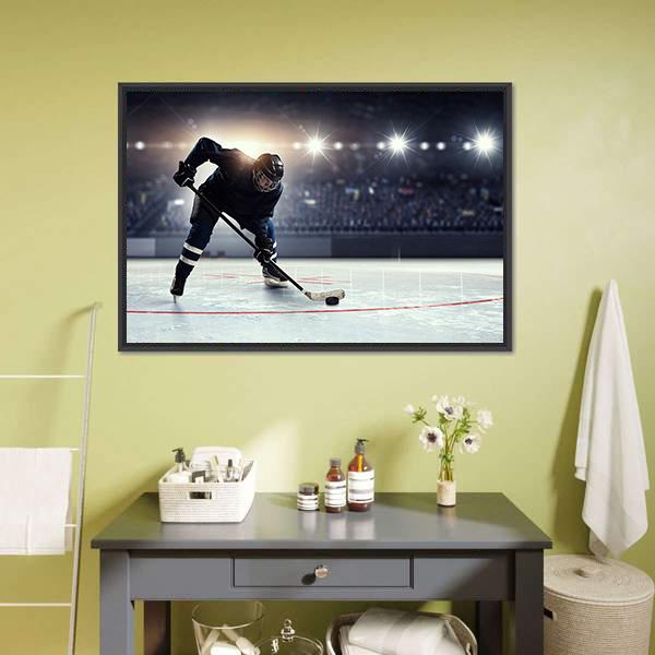 Hockey Player in Blue Uniform On Ice Rink Canvas Wall Art-1 Piece-Floating Frame-24&quot; x 16&quot;-Tiaracle