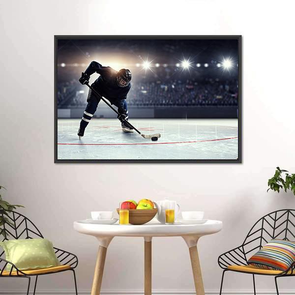 Hockey Player in Blue Uniform On Ice Rink Canvas Wall Art-3 Horizontal-Gallery Wrap-25" x 16"-Tiaracle