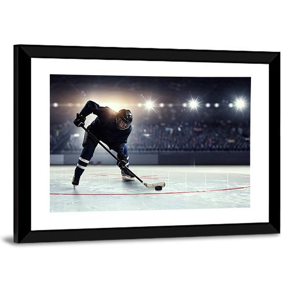 Hockey Player in Blue Uniform On Ice Rink Canvas Wall Art-3 Horizontal-Gallery Wrap-25&quot; x 16&quot;-Tiaracle