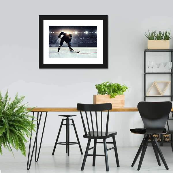 Hockey Player in Blue Uniform On Ice Rink Canvas Wall Art-3 Horizontal-Gallery Wrap-25&quot; x 16&quot;-Tiaracle