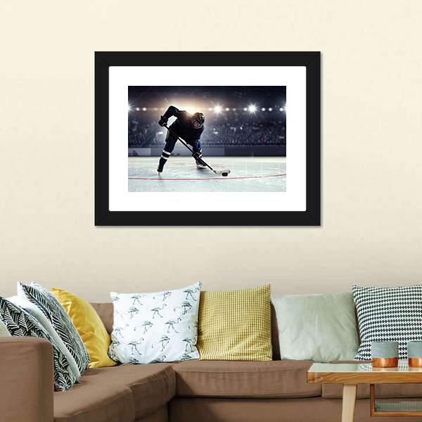 Hockey Player in Blue Uniform On Ice Rink Canvas Wall Art-3 Horizontal-Gallery Wrap-25&quot; x 16&quot;-Tiaracle