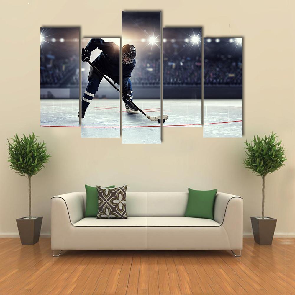 Hockey Player in Blue Uniform On Ice Rink Canvas Wall Art-5 Pop-Gallery Wrap-47&quot; x 32&quot;-Tiaracle