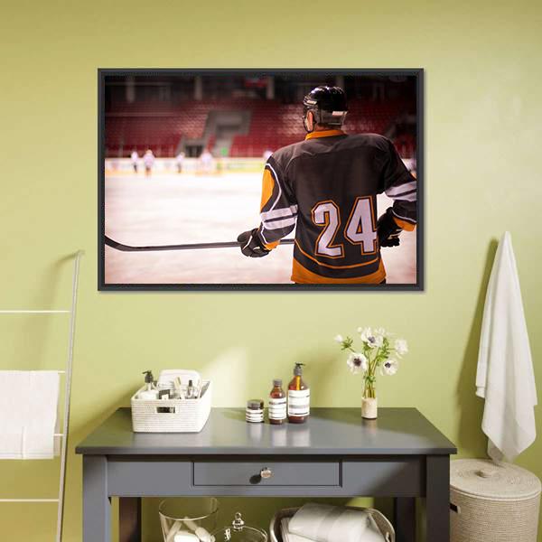 Hockey Player With Hockey Stick Canvas Wall Art-1 Piece-Floating Frame-24" x 16"-Tiaracle