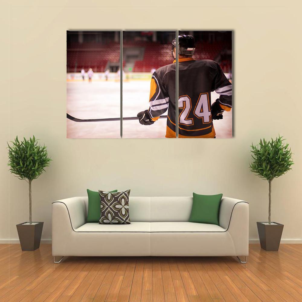 Hockey Player With Hockey Stick Canvas Wall Art-3 Horizontal-Gallery Wrap-37" x 24"-Tiaracle