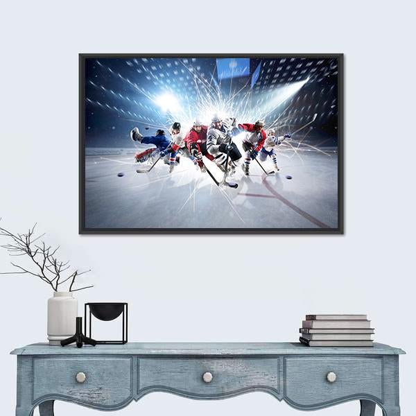 Hockey Players In Action Canvas Wall Art-1 Piece-Floating Frame-24&quot; x 16&quot;-Tiaracle